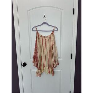 Tiare hawaii Yellow and Pink Tie Dye Ruffle Cold Shoulder Top Size S/M